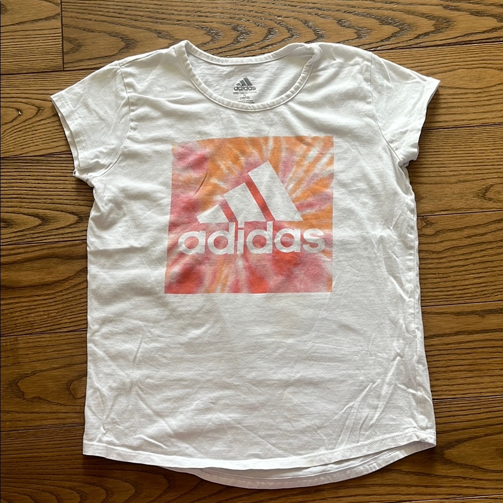 Adidas White Tee with Pink and Orange Tie-Dye